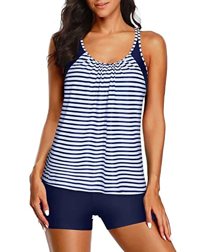 SwimbraletteWomen Sports Bra Tankini Boy Shorts Padded Bra Two Piece Bathing Suits-Blue And White Stripes