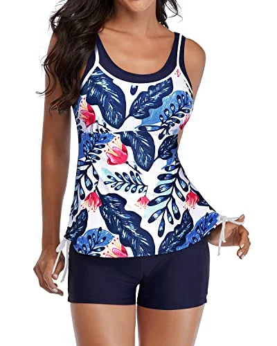 SwimfutureWomen's Tankini Swimsuits Shorts Athletic Bathing Suits Slimming Swimwear-White And Blue Floral