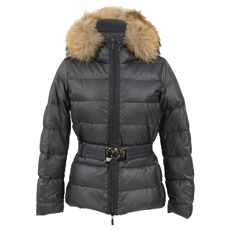 Retro HoodiesMoncler Fur Lined Belted Hooded Puffer Jacket in Black Nylon