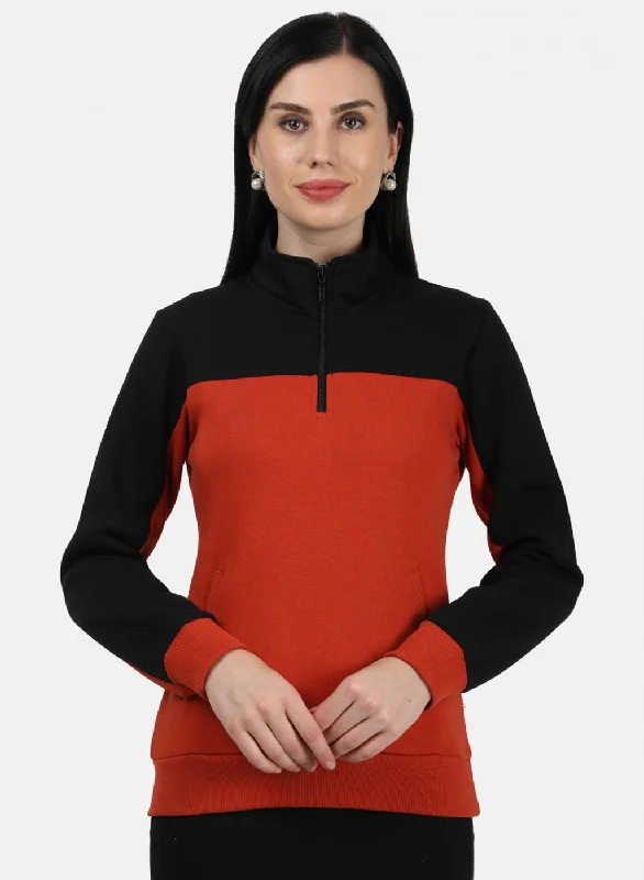 Windbreaker SweatshirtsWomen Black & Orange Plain Sweatshirt