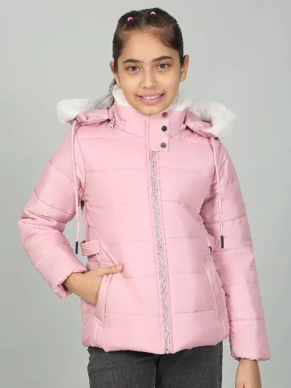 Ruffled SweatshirtsGirls Pink Solid Hooded Jacket