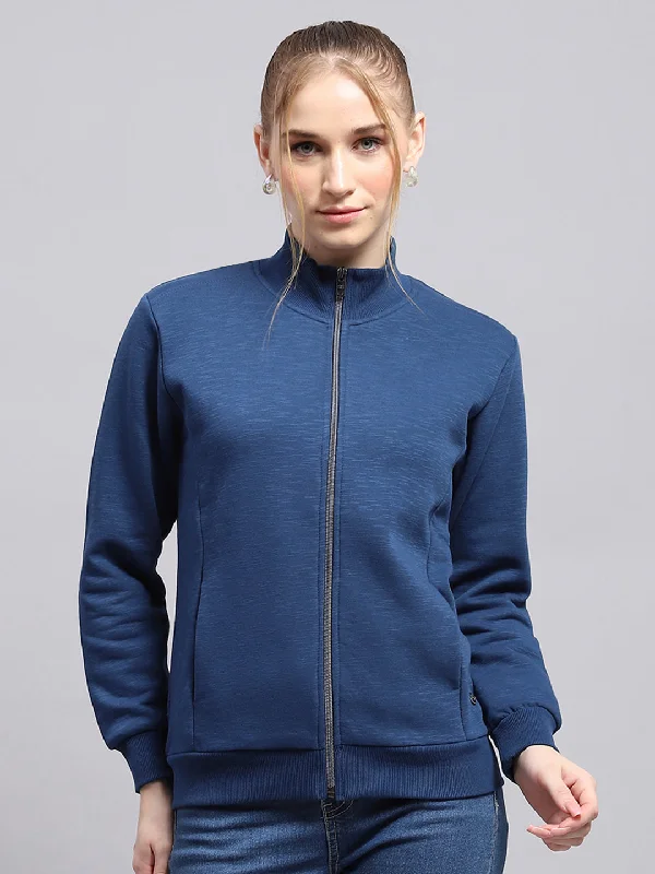 Lounge HoodiesWomen Blue Solid Mock Neck Full Sleeve Sweatshirt