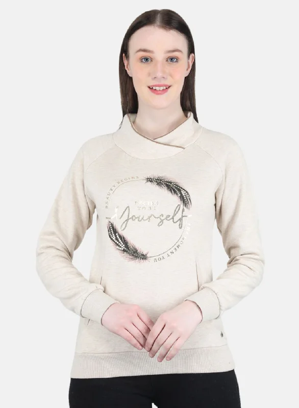 Thermal HoodiesWomen Beige Printed Sweatshirt