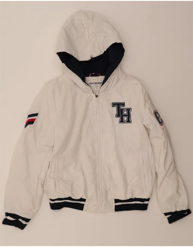 Ribbed Cuff HoodiesTOMMY HILFIGER Womens Graphic Hooded Bomber Jacket UK 14 Medium White