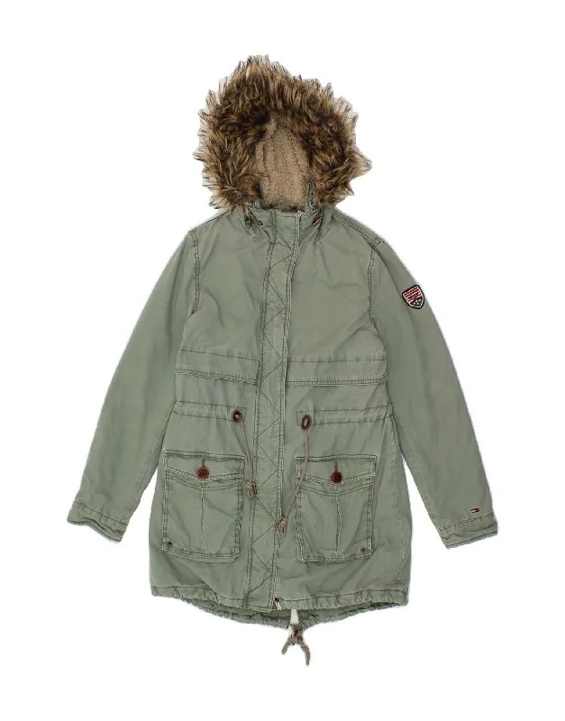 Reversible HoodiesTOMMY HILFIGER Womens Hooded Parka Jacket UK 10 Small Green Cotton