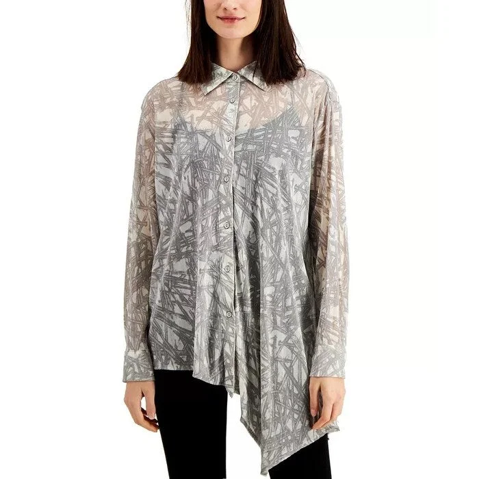 Alfani Women's Printed Asymmetrical Blouse Gray Size LargeRetro Shirts