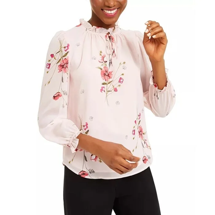 Bar III Women's Floral-Print Ruched Blouse Pink Size MediumSilk Shirts