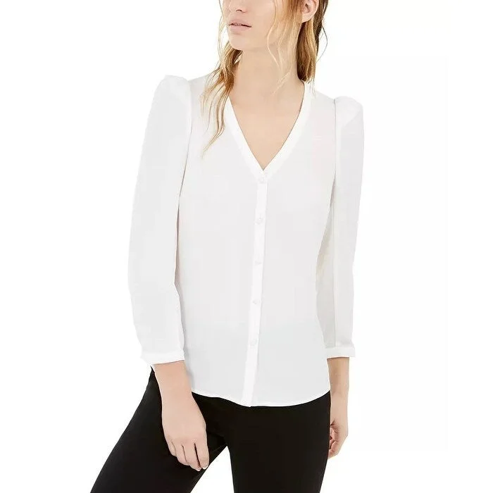 Bar III Women's Puff Sleeve Button Up Blouse White Size X-SmallWork Shirts