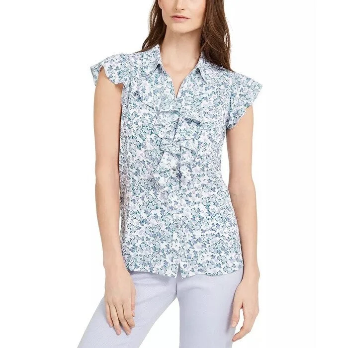 Calvin Klein Women's Printed Cap-Sleeve Button-Up Ruffled Blouse Green Size SmallGlitter Shirts