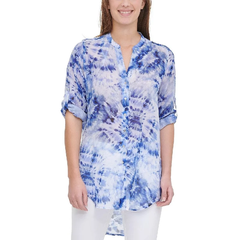 Calvin Klein Women's Printed High Low Blouse Blue Size X-LargeCollaborative Shirts