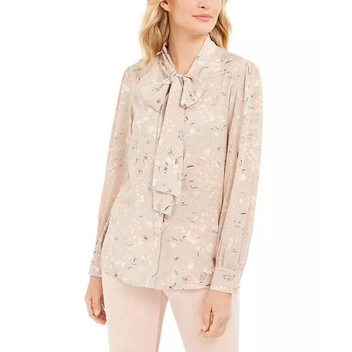 Calvin Klein Women's Tie-Neck Floral Button-Up Blouse Pink Size MediumButton-Up Shirts