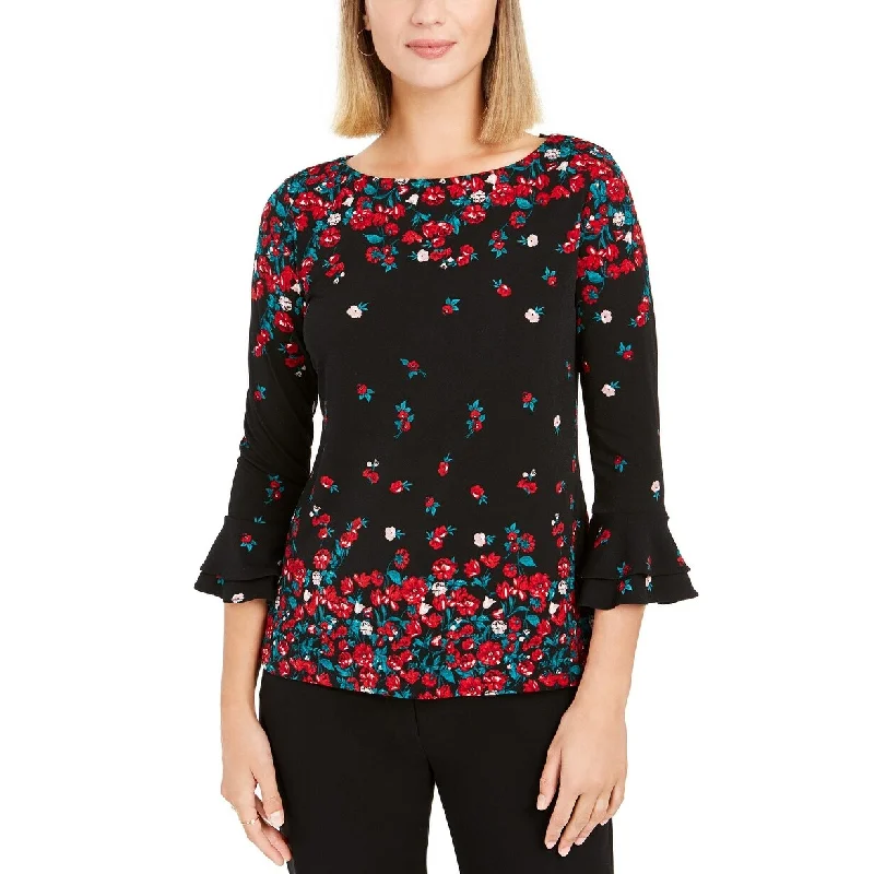 Charter Club Women's Floral Print Bell Sleeve Blouse Black Size LargeLuxury Shirts