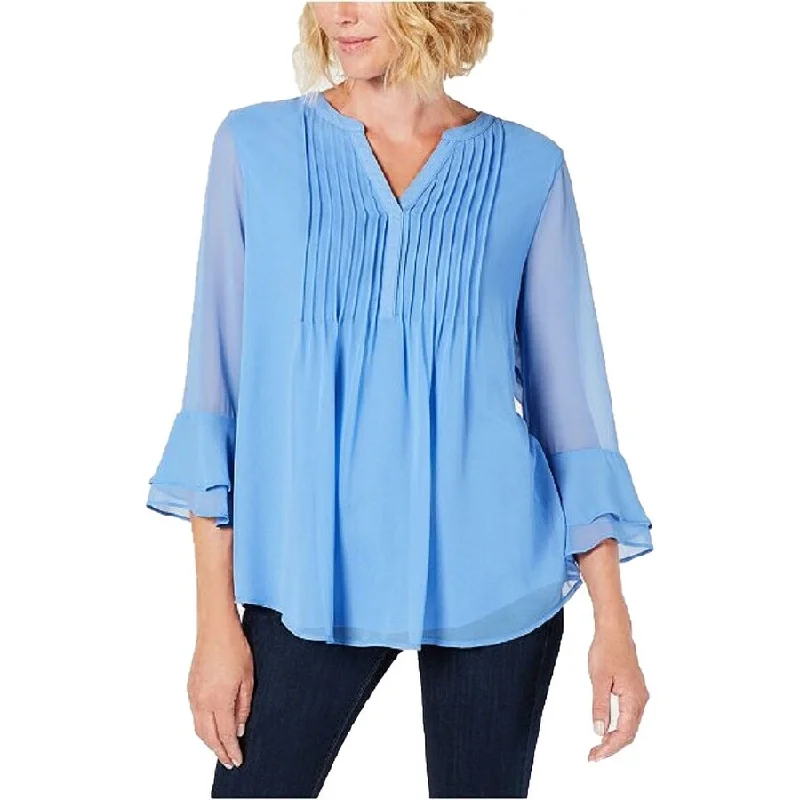 Charter Club Women's Pleated Sheer Blouses Cerulean Sky Size Large - BluePainted Shirts