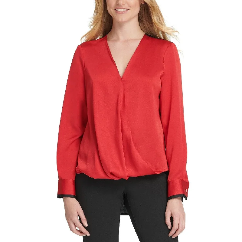 DKNY Women's Hammered Satin Twist Front Blouse Medium Red Size X-LargeStreetwear Shirts