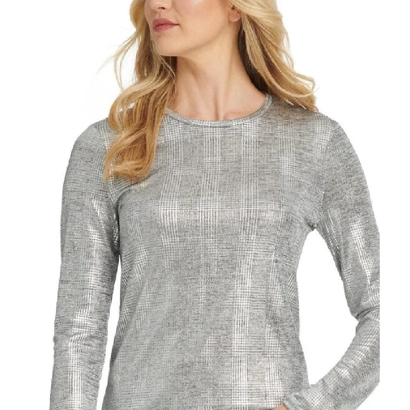 Dkny Women's Metallic-Plaid Blouse Gray Size Extra SmallMetallic Shirts