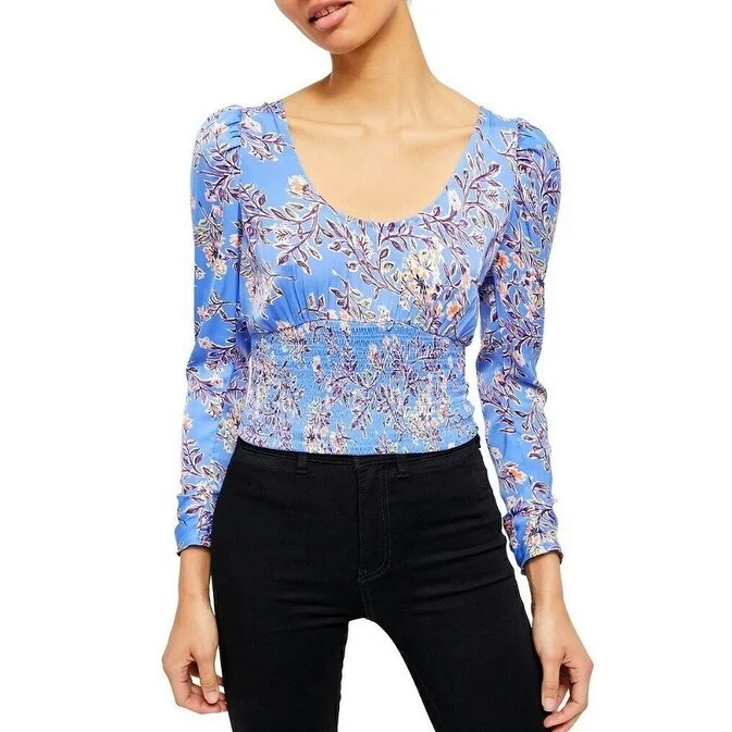 Free People Women's Santiago Print Blouse Blue Navy Size LargeGym Shirts