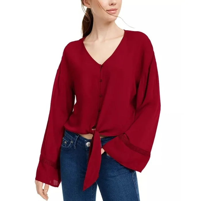 Freshman Juniors' Flare-Sleeved Tie-Waist Blouse Red Size Extra LargeEmbellished Shirts