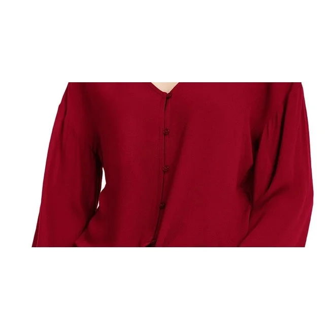 Freshman Juniors' Flare-Sleeved Tie-Waist Blouse Wine Size SSheer Shirts