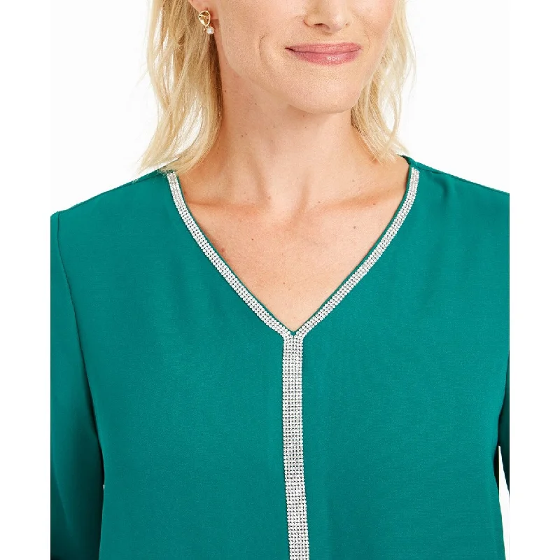 JM Collection Collection Women's Jeweled Tiered-Hem Blouse Green Size MediumButton-Down Shirts