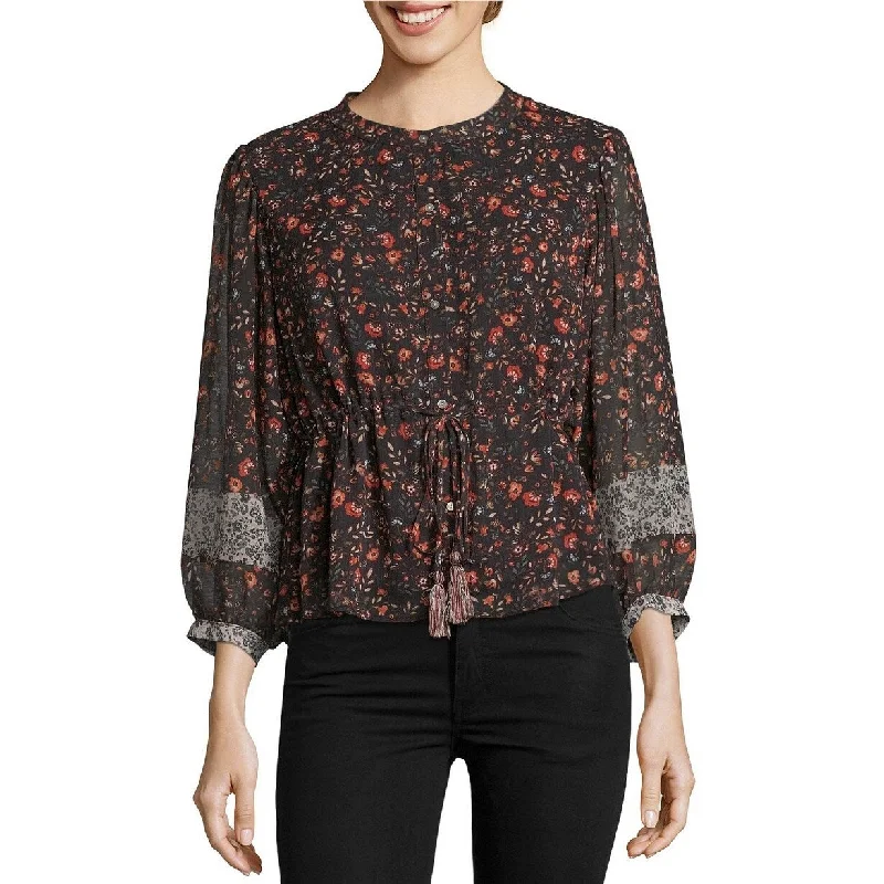 John Paul Women's Richard Cinched Waist Printed Blouse Black Size LHemp Shirts