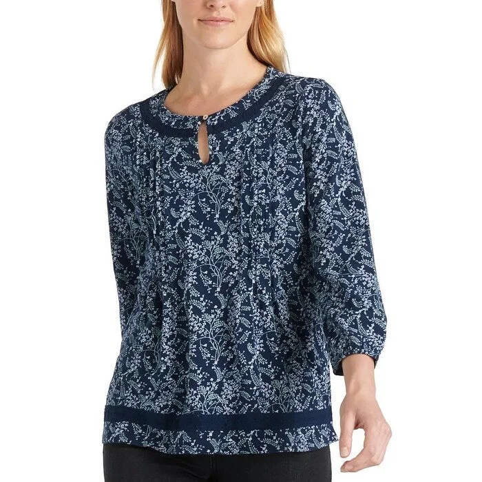 Lucky Brand Women's Floral Pintuck Cotton Peasant Blouse Blue Navy Size X-LargeLinen Shirts