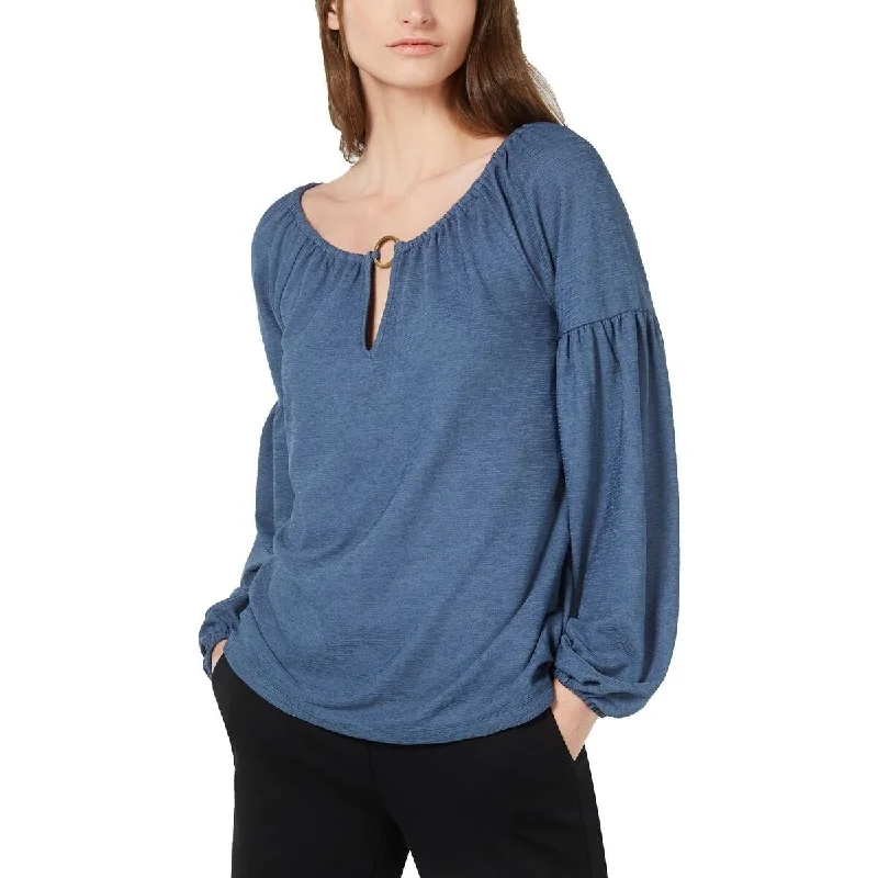 Michael Kors Women's Gathered Keyhole Neck Blouse Chambray Size Small - NavyCasual Shirts