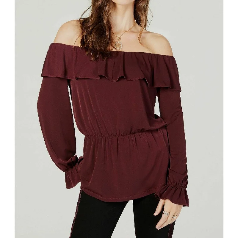 Michael Kors Women's Off-Shoulder Ruffled Bell-Sleeve Blouse Size Extra Large - Wine - X-LargeHunting Shirts