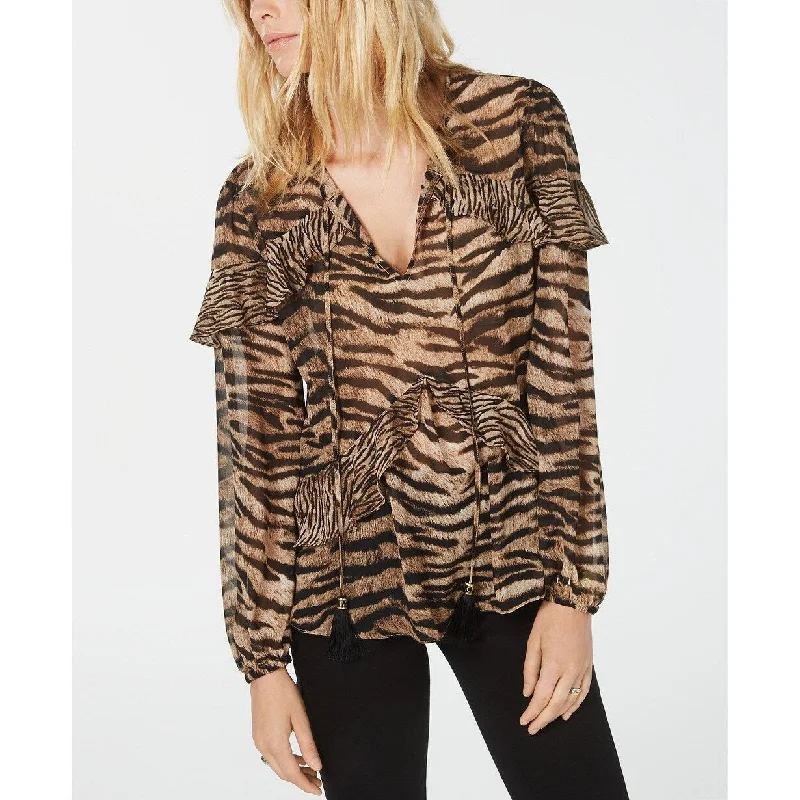 Michael Kors Women's Tiger-Stripe Peasant Blouse Brown Size MediumPlush Shirts