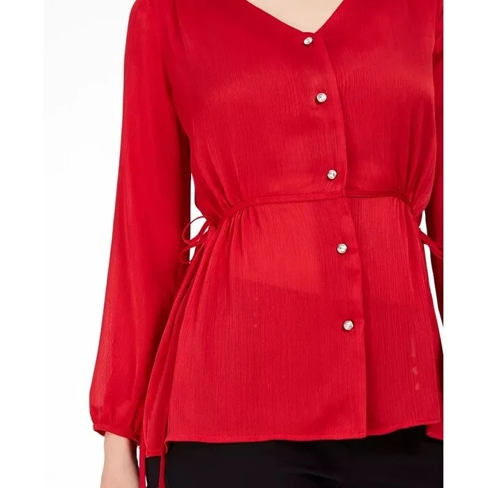 NY Collection Women's Tie-Side Peplum Blouse Mediun Red Size PetiteRayon Shirts