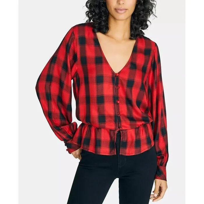 Sanctuary Women's Jasper Plaid Peplum Blouse Red Size SmallRetro Shirts