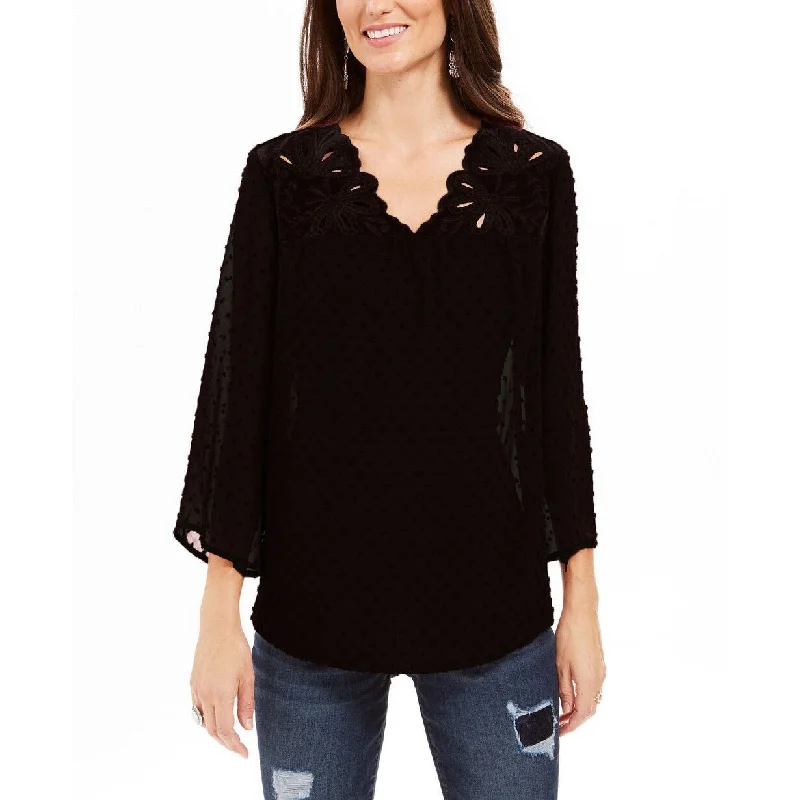 Style & Co Women's Mixed-Media Sheer-Sleeve Blouse Black Size Extra SmallPolka Dot Shirts