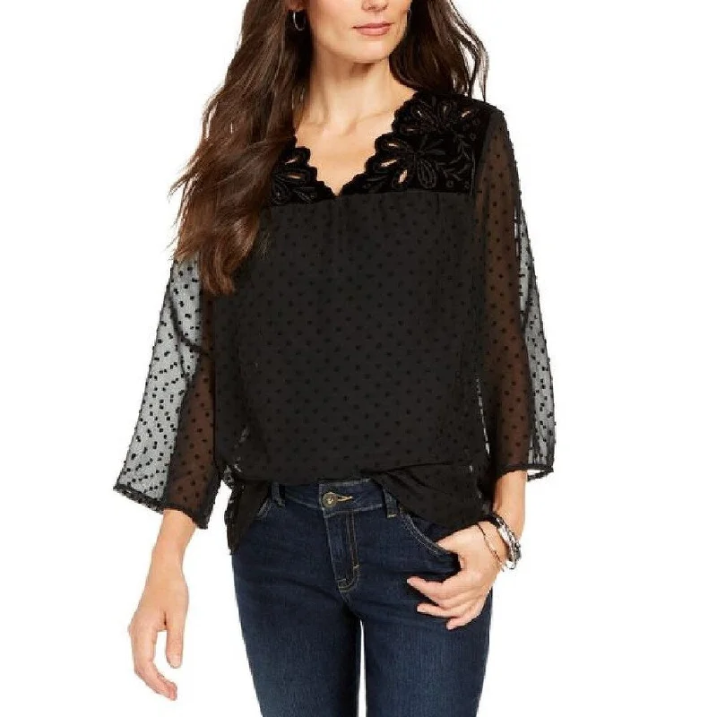 Style & Co Women's Mixed-Media Sheer-Sleeve Blouse Black Size SmallThermal Shirts