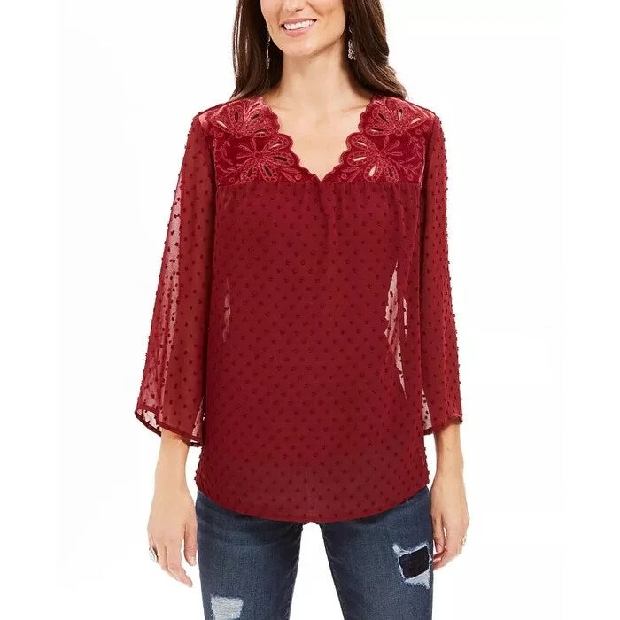 Style & Co Women's Mixed-Media Sheer-Sleeve Blouse Dark Red Size XX Large - XX-LargeCultural Shirts