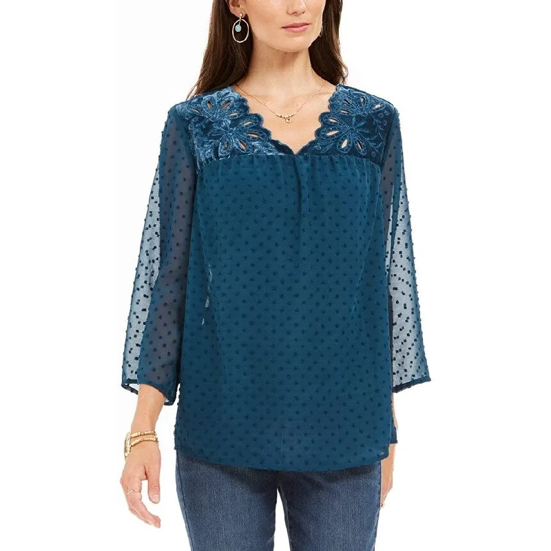 Style & Co Women's Mixed-Media Sheer-Sleeve Blouse Green Size Extra SmallRainproof Shirts