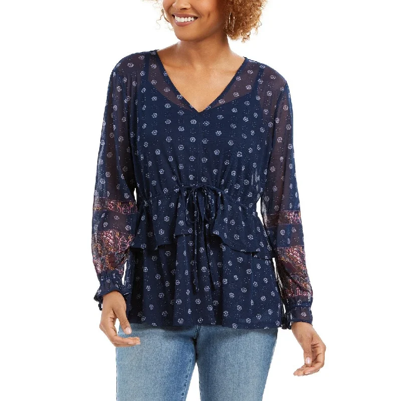 Style & Co Women's Tie-Front Floral Print Peasant Blouse Navy Size SmallTunic Shirts