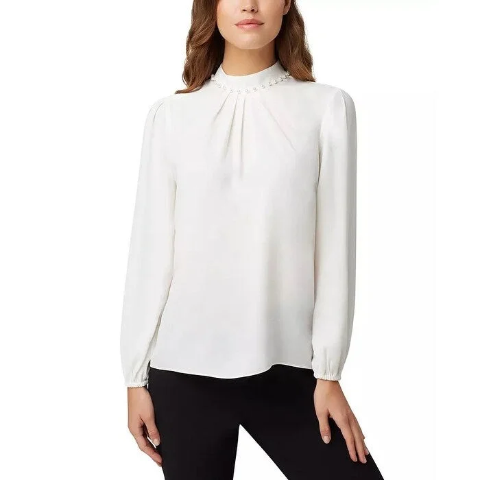 Tahari A SL Women's Faux Pearl Pleat Neck Blouse White Size LargeRuffled Shirts