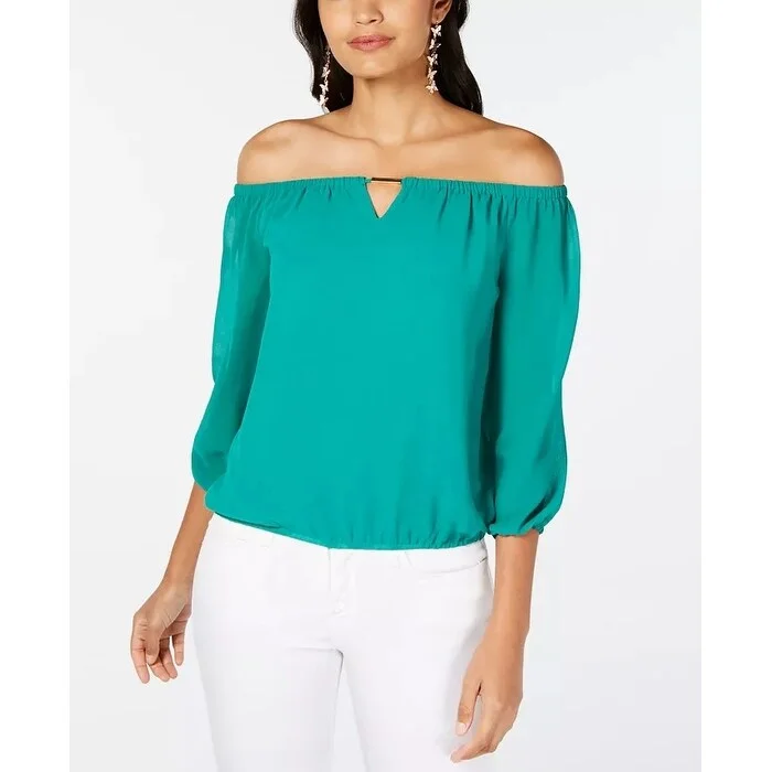 Thalia Sodi Women's Off The Shoulder Keyhole Blouse Green Size X-SmallTravel Shirts