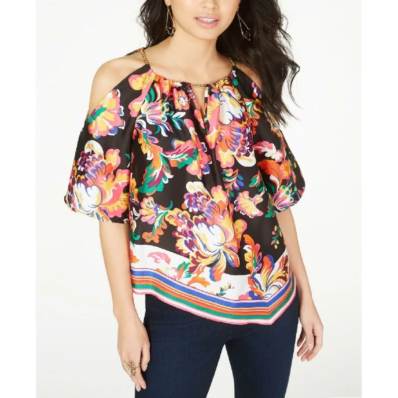 Thalia Sodi Women's Printed Blouse Top Chain-Neck Multi Size MediumFringed Shirts