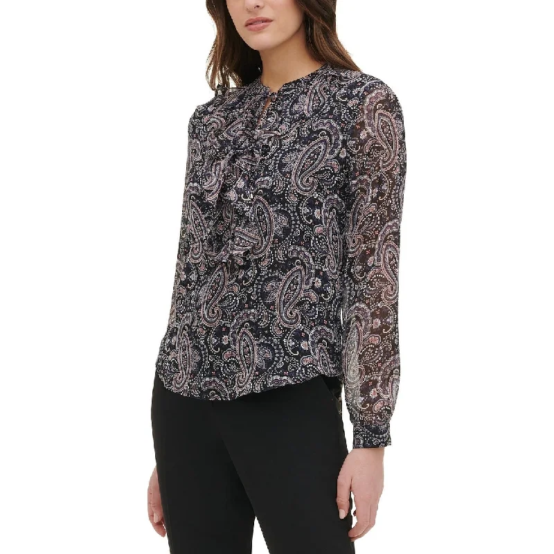 Tommy Hilfiger Women's Paisley Print Tie-Front Ruffle Blouse Charcoal Size Extra LargeLounge Shirts