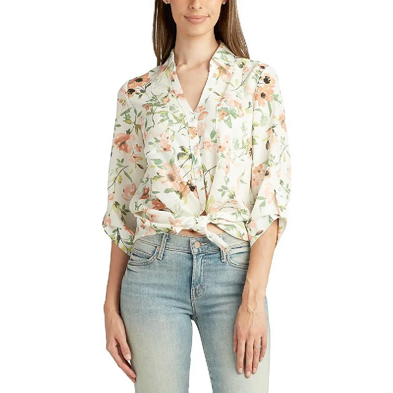 Punk down jacketBCX Womens Floral Print Collared Button-Down Top