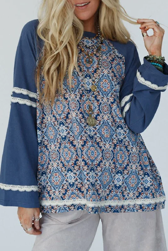 Blue Boho Geometric Print Lace Ricrac Raglan Sleeve BlouseBamboo Shirts