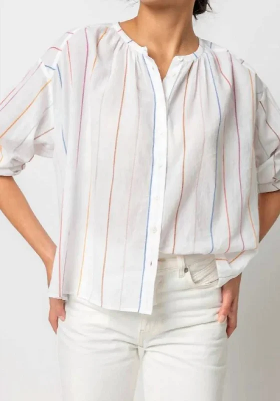 Bracelet Sleeve Shirred Blouse In Multi StripeSatin Shirts