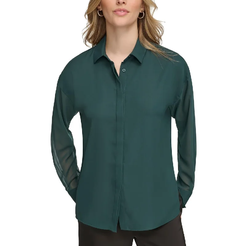 Adjustable hemCalvin Klein Womens Chiffon Sleeve Collared Button-Down Top