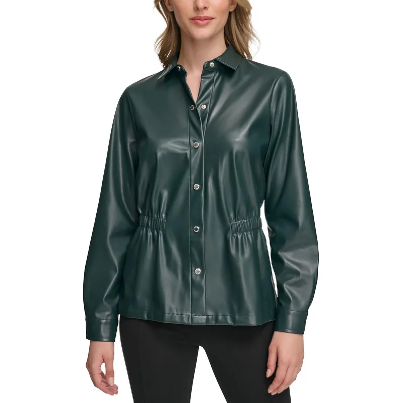 Adjustable brimCalvin Klein Womens Faux Leather Collared Button-Down Top