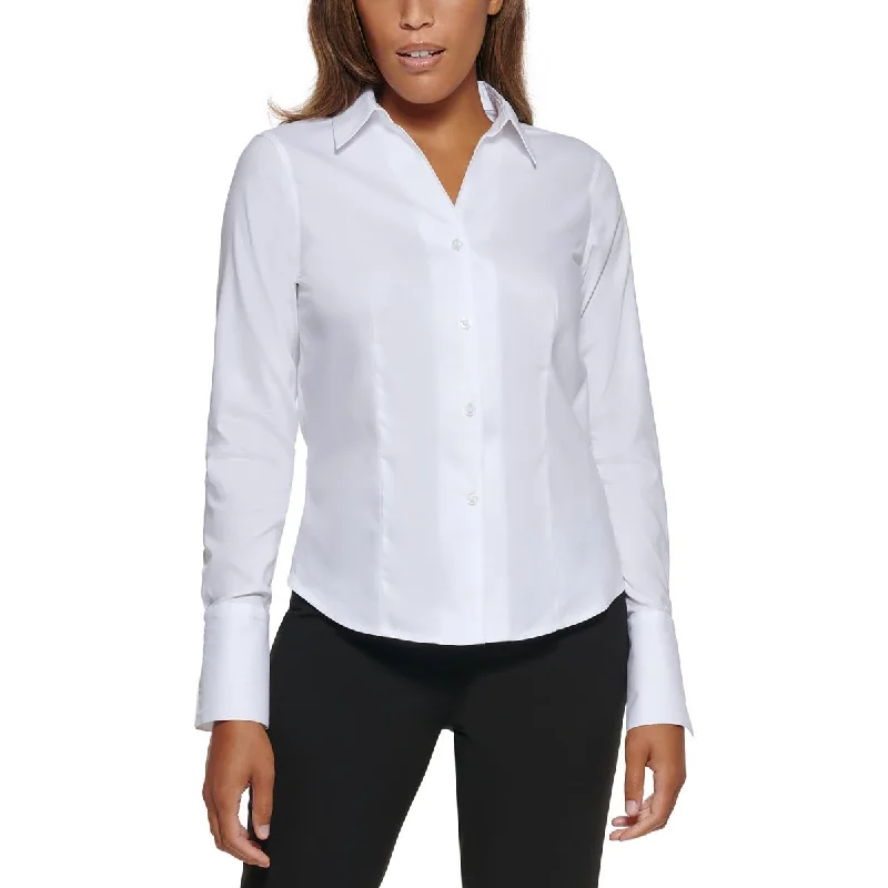 Removable hoodCalvin Klein Womens Petites Cotton Collar Button-Down Top