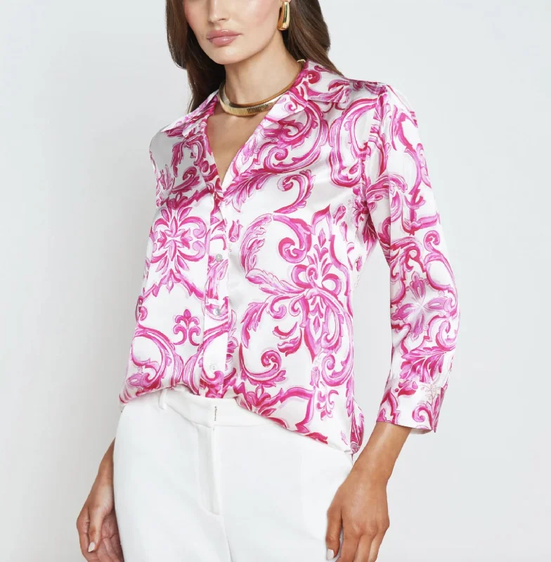 Dani Blouse In White/pink Mediterranean TilePlush Shirts