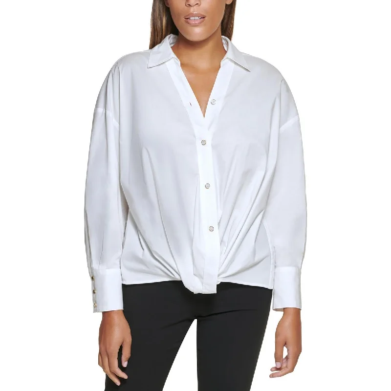 High-density fabricDKNY Womens Knot-Front Collar Button-Down Top