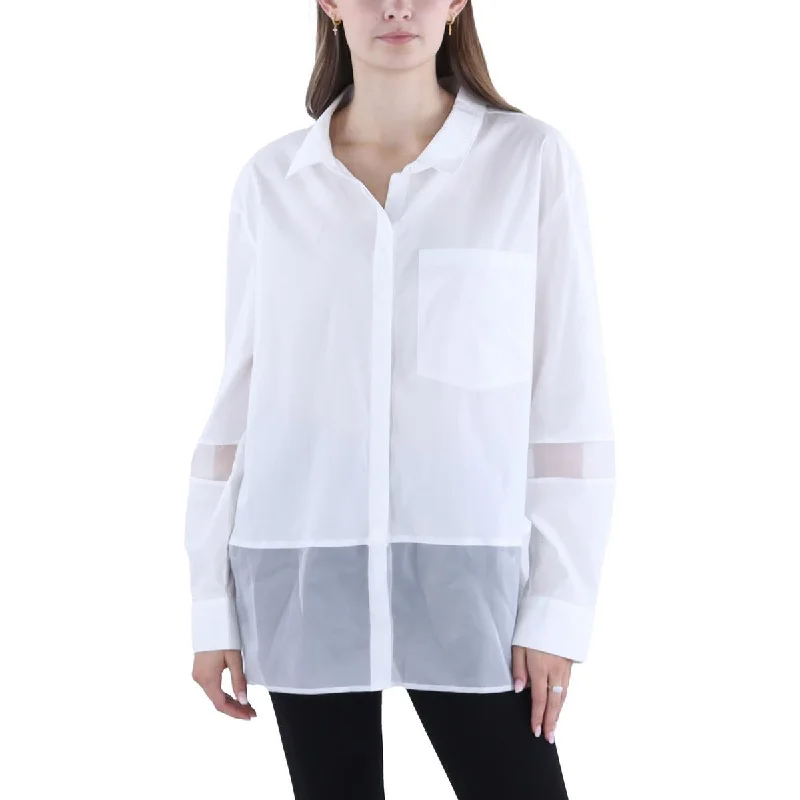 Multi-pocket designDKNY Womens Poplin Organza Trim Button-Down Top