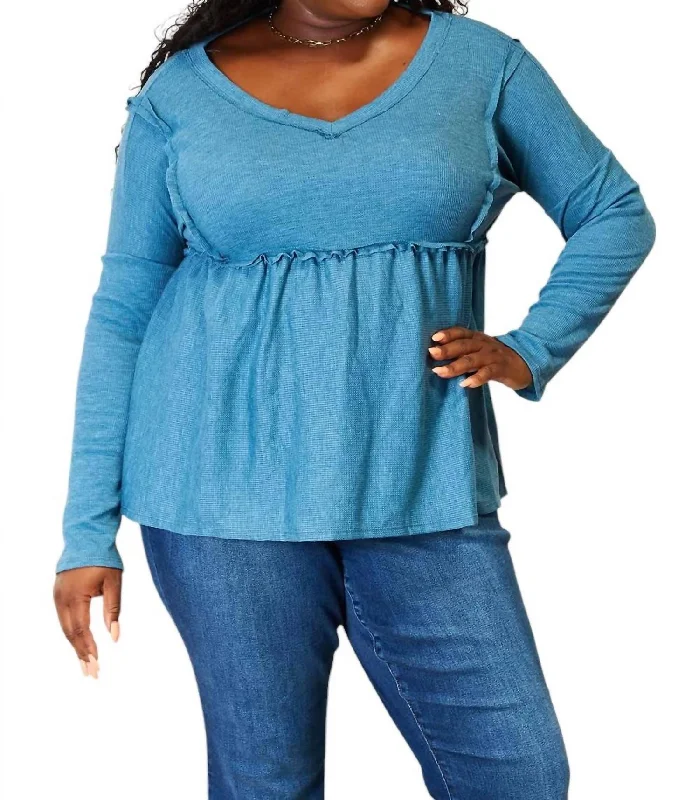 Full Size Frill Trim Babydoll Blouse In Sky BlueCamping Shirts