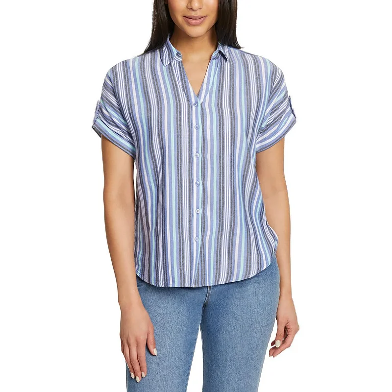 Down volumeGloria Vanderbilt Womens Demi Collar Cuff Sleeves Button-Down Top